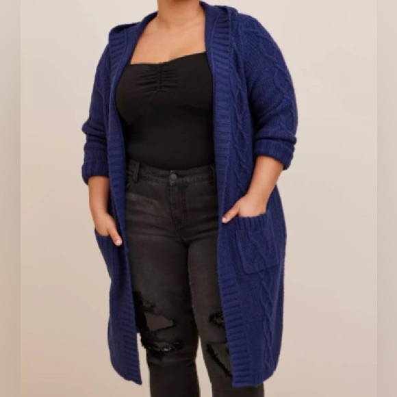Torrid Cable knit Coatigan hooded open front longline sweater - Picture 3 of 6